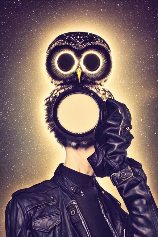 Prompt: front of owl wearing black biker jacket, portrait photo, full body, backlit, studio photo, golden ratio, starry background, no face
