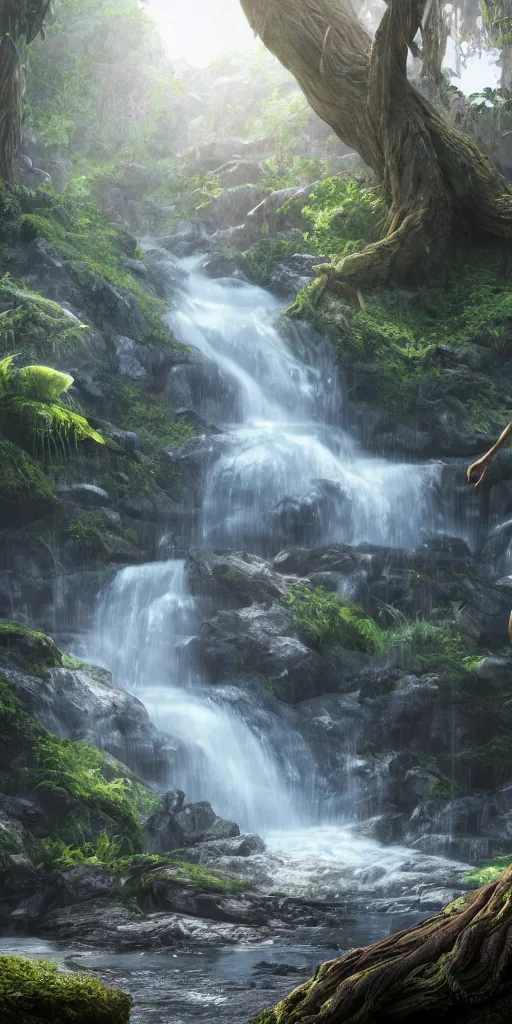 Prompt: photorealistic wide shot portrait of Groot under waterfall, octane render, unreal engine 4k, volumetric light, fog, detailed