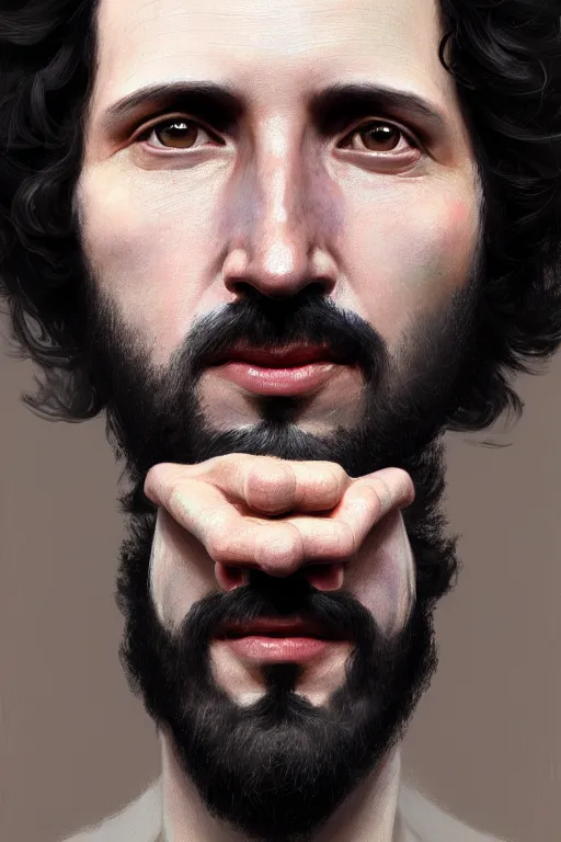 Image similar to ultra detailed close up facial portrait of bret mckenzie, extremely detailed digital painting, in the style of fenghua zhong and ruan jia and jeremy lipking and peter mohrbacher, mystical colors, rim light, beautiful lighting, 8 k, stunning scene, raytracing, octane, trending on artstation