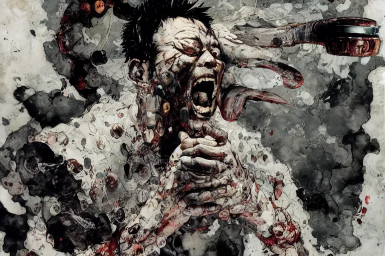 Prompt: full page illustration of tetsuo eating pills, by Katsuhiro Otomo, Phil hale, Ashley wood, Ilya repin, frank frazetta, 8k, hd, high resolution print