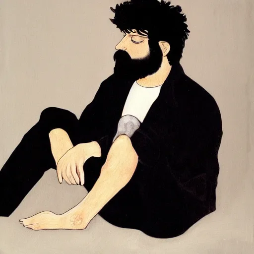 Image similar to a man with black hair and beard, wearing a black jacket, white shirt and jeans, sitting in an empty white room, devastated, highly detailed painting, 8 k