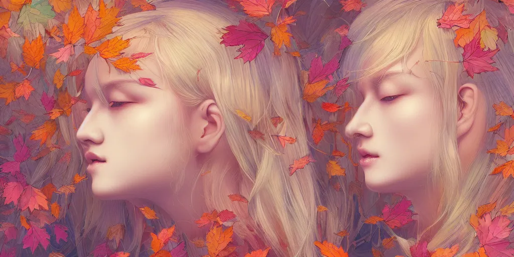 Prompt: breathtaking detailed concept art painting pattern pastel colors of blonde hair faces goddesses amalgamation autumn leaves, by hsiao - ron cheng, bizarre compositions, exquisite detail, 8 k