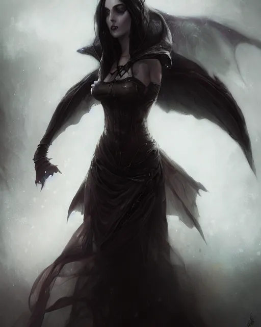 Image similar to wlop, bastien lecouffe deharme, daniel gerhartz, detailed portrait digital painting of a beautiful serious villainess wearing fantasy clothing like liliana vess, villainess has black angel wings, evil mood, hellish battlefield in the background, embers flying, unreal engine, hyper realism, realistic shading, cinematic composition, blender render, ultrawide shot