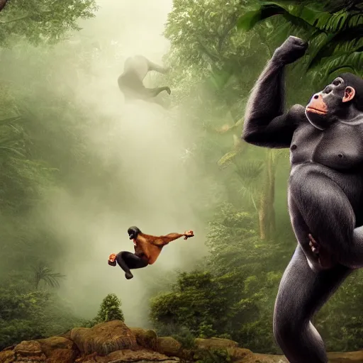 Image similar to Angry Chimpanzee Jumping, Epic Jump, Cinematic Photo, Cinematic Shot, Jungle, Foliage Boris Vallejo, Epic, 8k resolution, ArtStation, Hyperrealistic