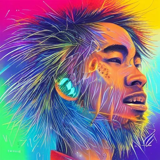 Prompt: jacob collier - djesse vol. 4 album cover, close - up looking straight at camera, spiky hair going outward, four corners, fire, ocean, bubbles, beautiful artwork, fireworks, colorful, vibrant, high detail!!!! trending on artstation, extremely beautiful cinematic lighting, smooth lighting, smooth art style, rim lighting, very intricate!!!!!