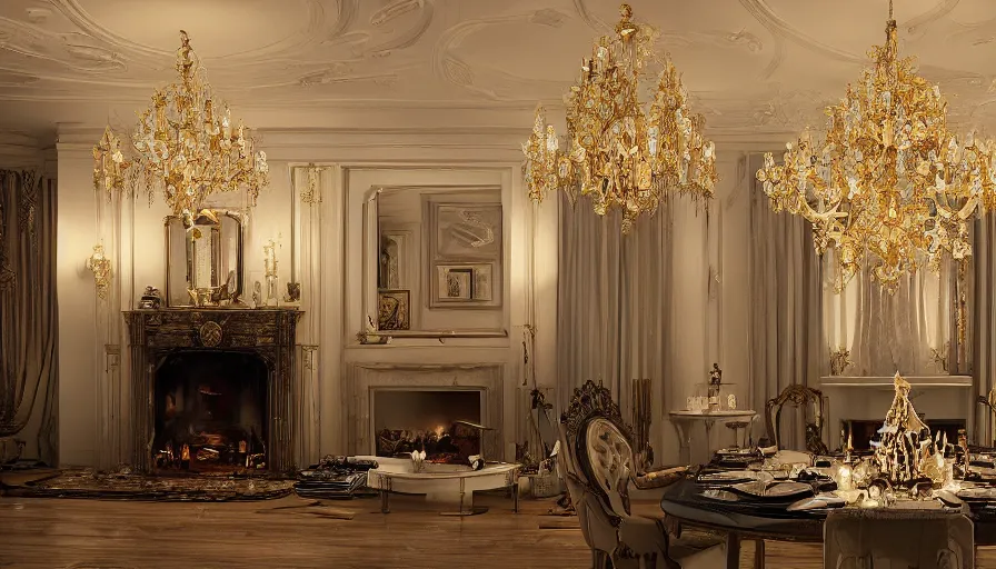 Prompt: White dining room with a fireplace and a magnificent golden chandelier in a Neo-Gothir manor during the night, hyperdetailed, artstation, cgsociety, 8k