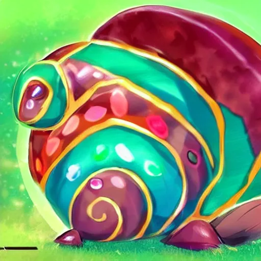 Image similar to A pokemon that looks like A Tangguan snail with multi-colored gemstones on the raised part of the shell，Trending on art station. Unreal engine.