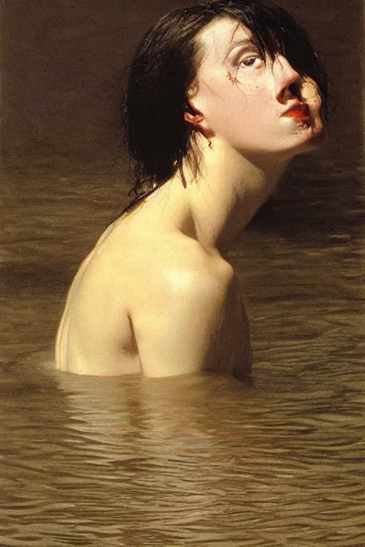 Image similar to young woman's face breaking the waters surface, long black hair, pale skin, symmetrical face, photorealism, 4k, dramatic lightning, by Thomas Eakins,