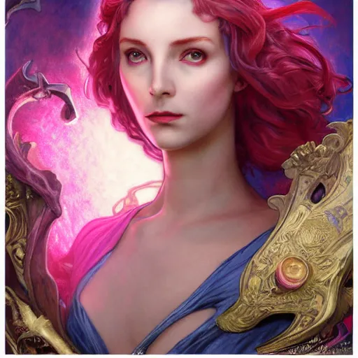 Image similar to Masterpiece head and shoulders portrait of Fiora from League of Legends of Arcane animated Series as demon with glowing eyes with pink and blue short hair and arcane armor drawn by Donato Giancola and Tom Bagshaw, Edmund Leighton, Alphonse Mucha, background by James Jean and Gustav Klimt, 4k, porcelain skin, volumetric lighting, komorebi, french nouveau, trending on artstation, octane render, hyperrealistic