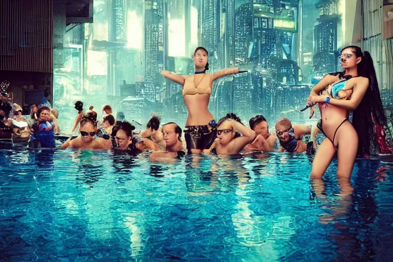 Image similar to cyberpunk pool party photographed by mario testino, trending on artstation