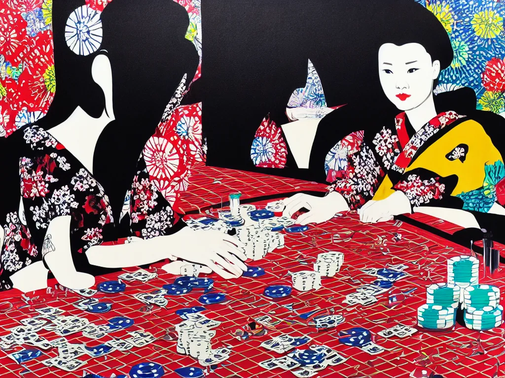 Image similar to hyperrealism composition of the detailed single woman in a japanese kimono sitting at an extremely detailed poker table with stormtrooper, fireworks, river on the background, pop - art style, jacky tsai style, andy warhol style, acrylic on canvas