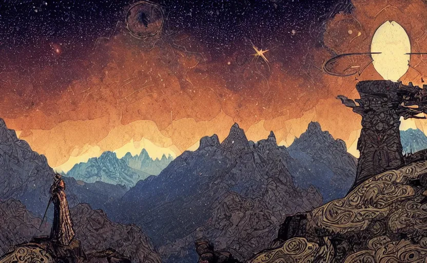 Prompt: mountains, stars and paisley filled sky, artstation, intricate, highly detailed, digital painting, concept art, sharp focus, illustration by Enki Bilal and Ivan Bilibin