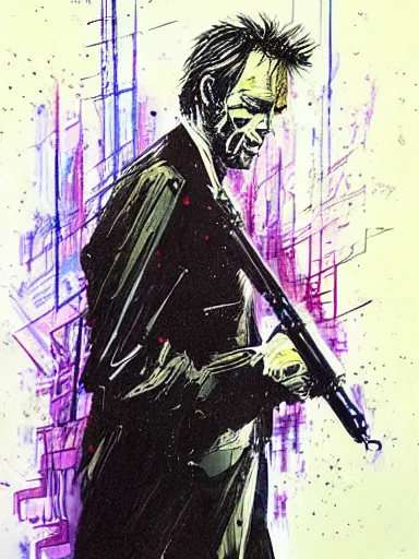 Image similar to clint eastwood by bill sienkiewicz, painting, detailed, hyper-detailed