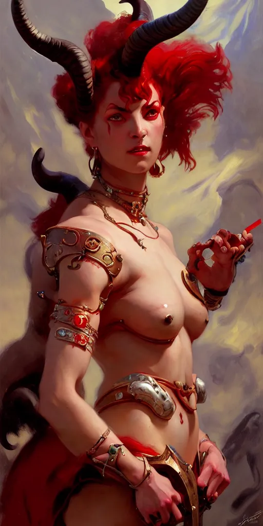 Image similar to painted close - up portrait of a attractive red - skinned intimidating demon cyborg girl with ram horns! oil painting, wearing a noblewoman's outfit, fantasy art by john singer sargent and gaston bussiere and james jean and greg rutkowski, demon noble character design, hd