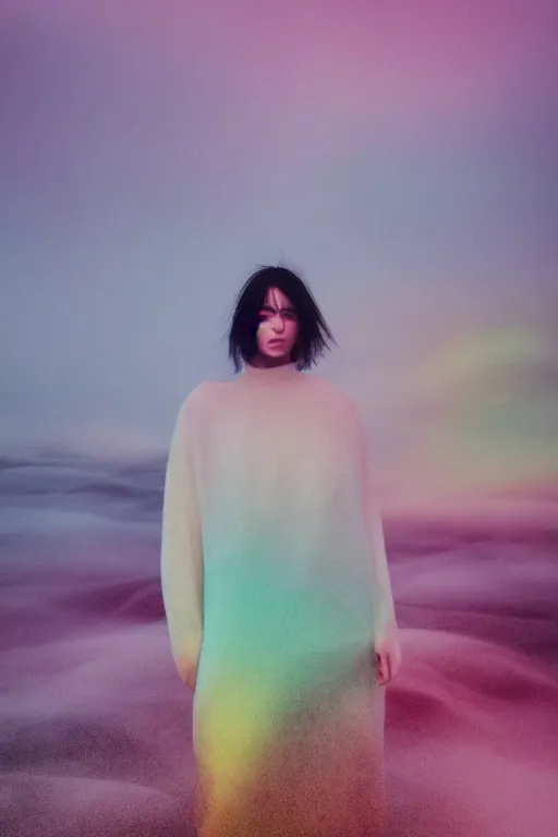 Image similar to high quality pastel coloured film close up wide angle photograph of a model wearing clothing resting on cloud furniture in a icelandic black rock!! environment in a partially haze filled dreamstate world. three point light, rainbow. photographic production. art directed. pastel colours. volumetric clouds. pastel gradient overlay. waves glitch artefacts. extreme facial clarity. 8 k. filmic.