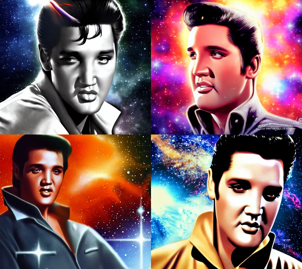 Prompt: cinematic close up artwork of Elvis Presley looking lovingly into the camera with a space nebula behind him, beautiful digital art, realistic