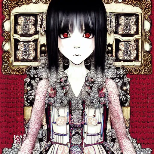 Prompt: baroque bedazzled gothic royalty frames surrounding a pixelsort emo demonic horrorcore japanese beautiful early computer graphics automaton doll, by guro manga artist Shintaro Kago