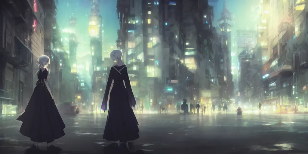 Prompt: anime kyoto animation key by greg rutkowski night, single white hair girl in night city