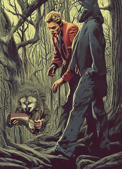 Prompt: Twin Peaks poster art, of Michael Shannon discovering a man dressed as a Furry in the woods, mysterious creepy, poster artwork by Gerald Brom, James Edmiston, Michael Whelan, Bob Larkin and Tomer Hanuka, Kilian Eng, Ed Emshwiller, Glenn Fabry, Hal Foster, Kelly Freas, Greg Hildebrandt, Joe Jusko, Martine Johanna, Scott Listfield, Chris Moore, Simon Stalenhag, Jeffery Smith, from scene from Twin Peaks, simple illustration, domestic, nostalgic, from scene from Twin Peaks, clean, full of details, by Makoto Shinkai and thomas kinkade, Matte painting, trending on artstation and unreal engine