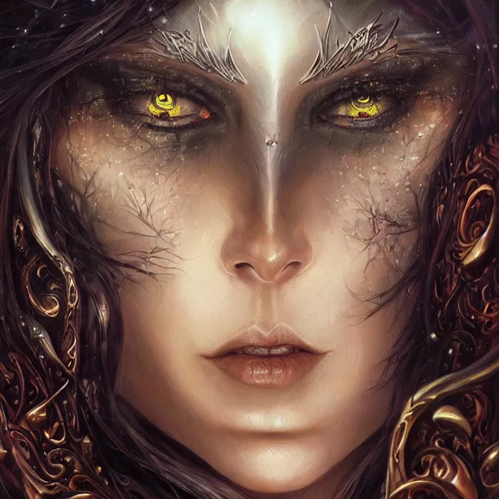 Image similar to a highly detailed painting of a sorceress with piercing beautiful eyes, dark tomb setting, dynamic lighting, ambient lighting, deviantart, art by artgerm and karol bak and mark brooks