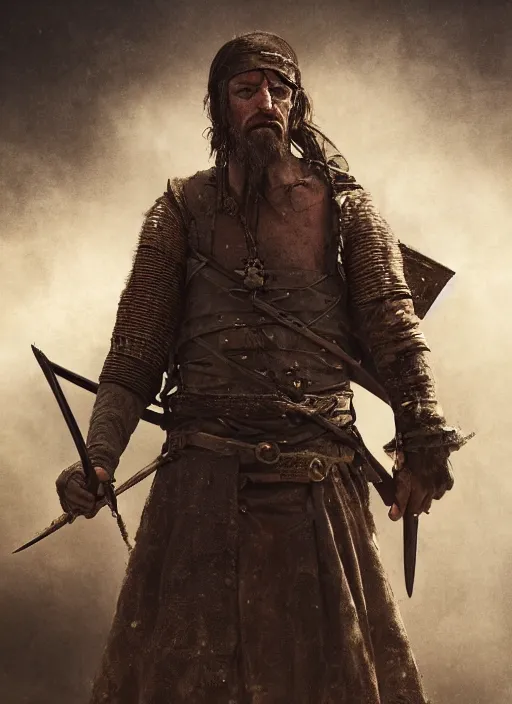 Prompt: portrait photo of a medieval warrior, rough loner man, dirt and unclean, extreme detail, cinematic, dramatic lighting render, extreme photorealism photo by national geographic, tom bagshaw, masterpiece