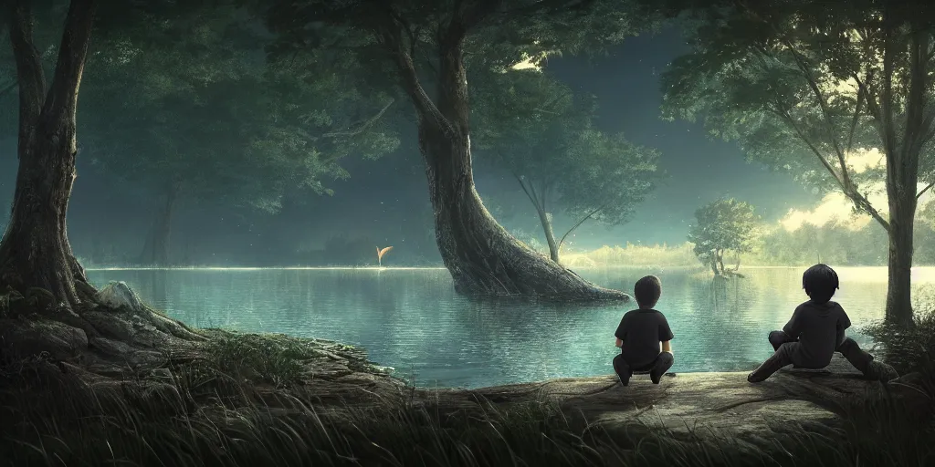 Image similar to a big silver dragon and a boy sitting next to lake in forest, many fireflys, at night, concept art, dof, cryengine, digital art, detailed background, makoto shinkai