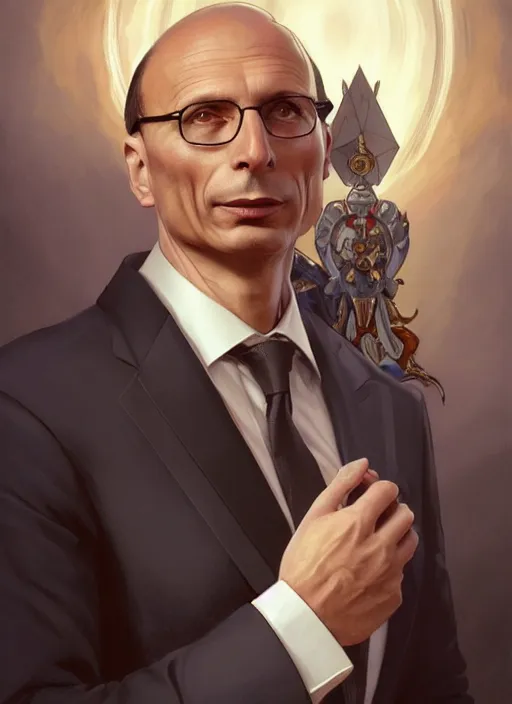 Prompt: enrico letta, wearing a suit, tarot card, deep focus, d & d, fantasy, intricate, elegant, highly detailed, digital painting, artstation, concept art, matte, sharp focus, italian flag, illustration, hearthstone, art by artgerm and greg rutkowski and alphonse mucha