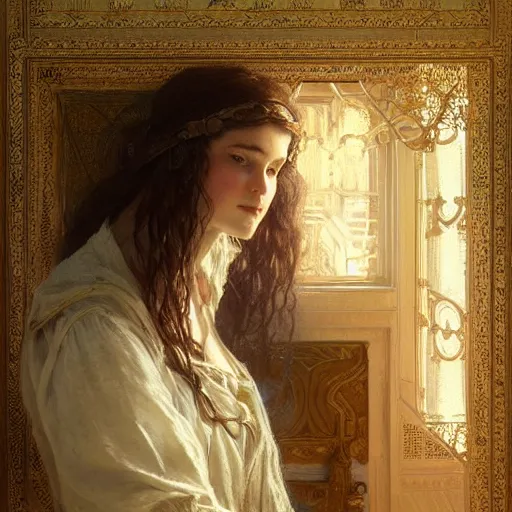 Image similar to portrait of girl in linen clothing falling from the room ceiling into a bed, fantasy character portrait, ultra realistic, concept art, intricate details, highly detailed by greg rutkowski, gaston bussiere, craig mullins, in style of alphonso mucha