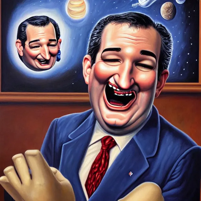 Image similar to an oil on canvas portrait painting of ted cruz telling a joke about the the republican party, surrealism, surrealist, cosmic horror, rob gonsalves, high detail