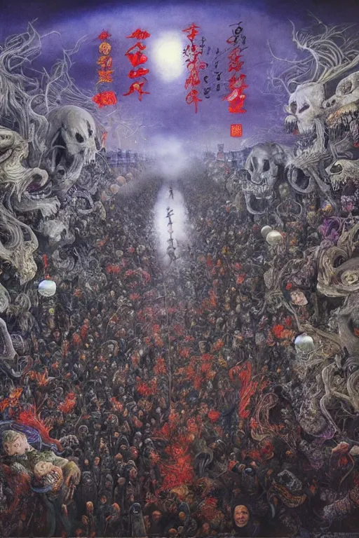 Image similar to 中 国 鬼 节, long procession of the dead is queuing up on the naihe bridge. psychedelic lights and fog, zdzislaw, ayami kojima, yamamoto, barclay shaw, karol bak, hyperrealist, 8 k