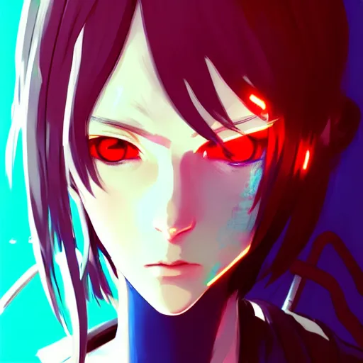 Image similar to digital cyberpunk anime character concept art, gorgeous anime girl symmetrical face, small female android cyborg - angel, glowing red left eye and glowing blue right eye, fullbody!! wlop, rossdraws sakimimichan, ilya kuvshinov, krenz cushart, greg rutkowski.