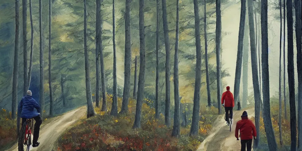 Image similar to Exactly two men biking alone up a steep forest hill. One with a deep dark blue sweater and the other with a wine red sweater. sweaty. Oil painting. Emotional. Trending on artstation. Steep. Nordic Trees. Rustic. Artistic.