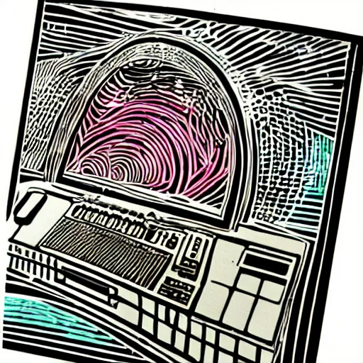 Prompt: psychodelic linocut of an Akai MPC-60