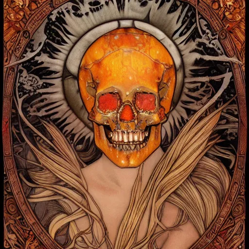 Image similar to Highly detailed ,intricate stunningly beautiful dark human ghost god broken amber in Mucha style with a skull curved ancient runs