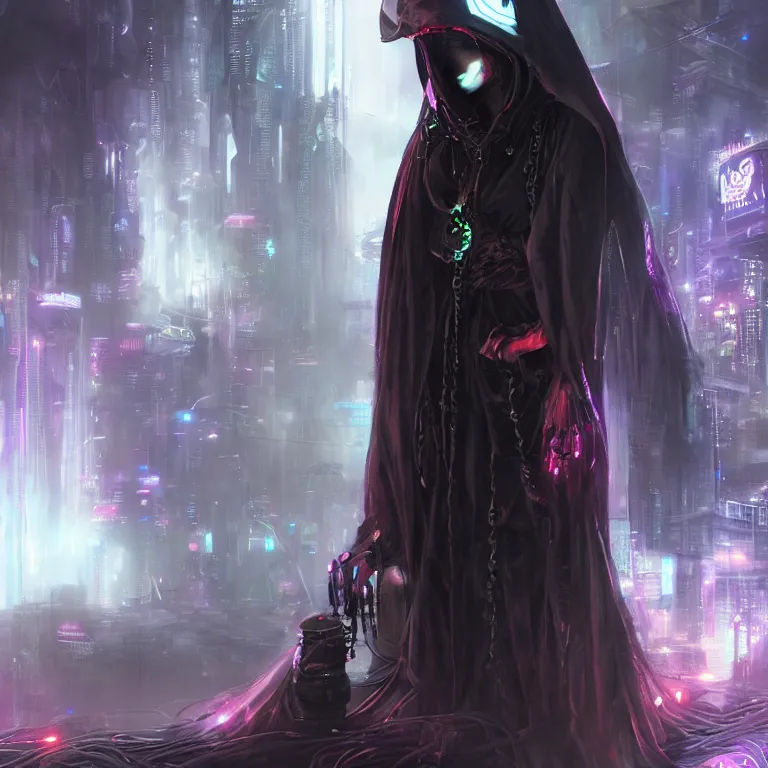 Image similar to futuristic priestess in a hooded robe full of cables and neons, cyberpunk, gothic, fantasy, science fiction, character concept art, matte painting, hyperdetailed, realistic, creepy, atmospheric, cinematic, kinemacolor