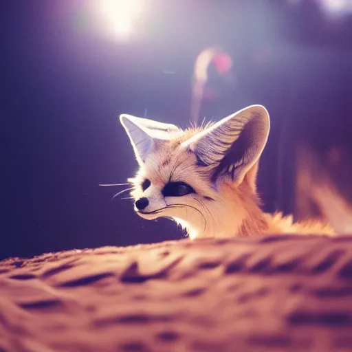 Prompt: a close up, studio colour photograph of a fennec fox, wearing a christmas hat on their head, dramatic backlighting at golden hour, 4k