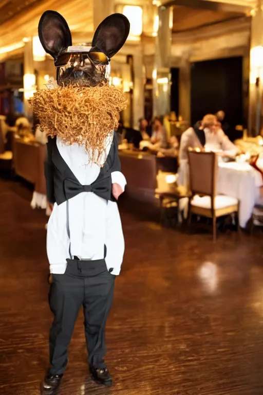 Prompt: a dog - headed waiter at the reception of a fancy restaurant