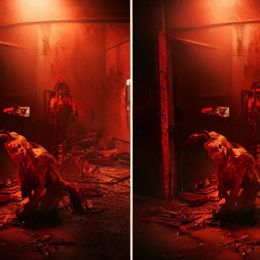 Image similar to butcher angry bloody horror zombie, detailled portrait, indoors dilapidated butchery interior, atmospheric lighting, volumetric lighting, grimdark, daytime, sharp focus, deep colours, ultra intricate detailed, octane render, unreal engine, by leesha hannigan, ross tran, thierry doizon, kai carpenter, ignacio fernandez rios