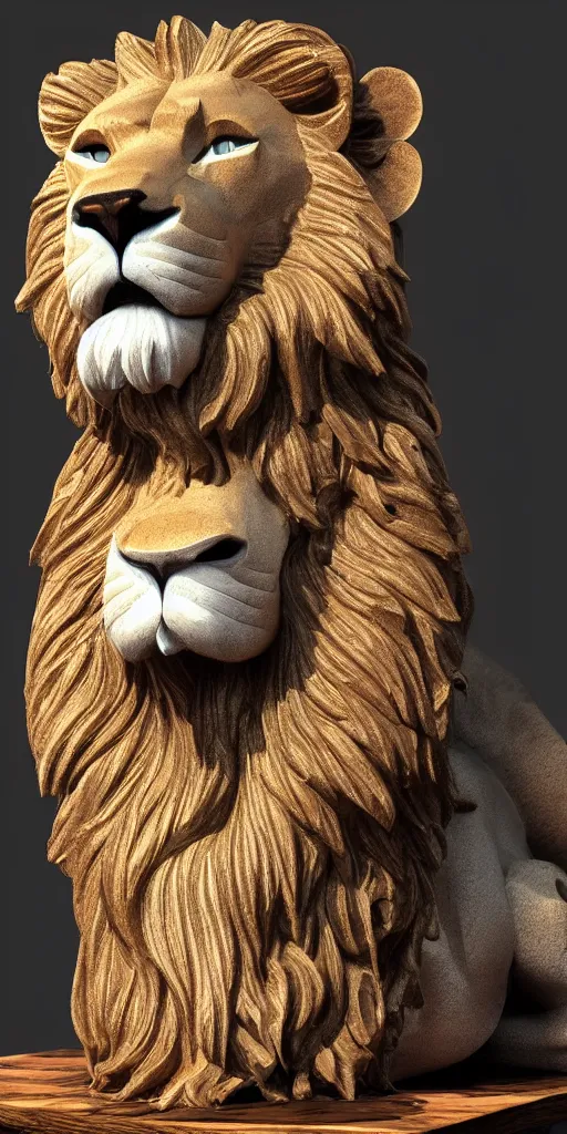 Prompt: a lion statue sitting on top of a wooden table, a 3 d render by jeremy henderson, behance contest winner, psychedelic art, behance hd, rendered in cinema 4 d, psychedelic