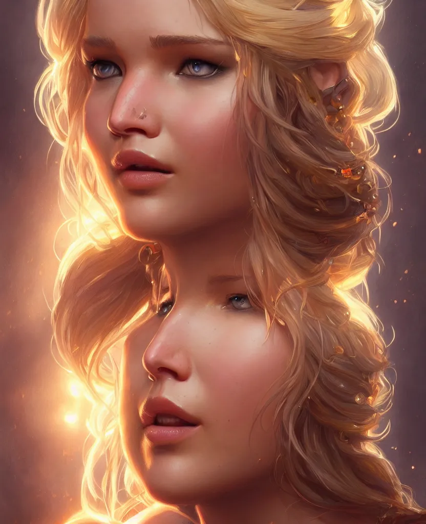 Image similar to Jennifer Lawrence, closeup, D&D, fantasy, intricate, elegant, highly detailed, digital painting, artstation, concept art, matte, sharp focus, illustration, hearthstone, art by Artgerm and Greg Rutkowski and Alphonse Mucha