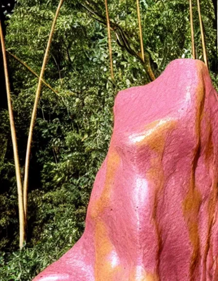 Image similar to vintage color photo of a giant 1 1 0 million years old abstract sculpture made of liquid pink gold covered by the jungle vines