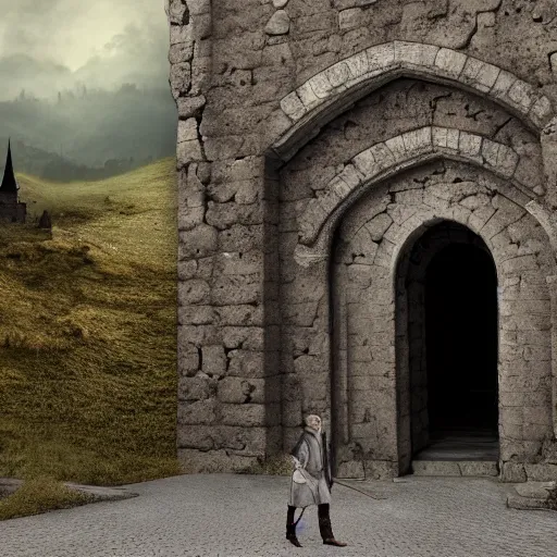 Image similar to man standing at the entranceway to dracula's castle, stone walls, large wooden door, gothic horror, victorian, photorealistic, hyperdetailed, matte painting, concept art