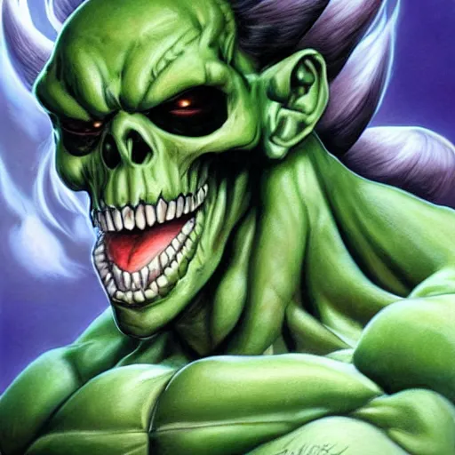 Image similar to ultra realistic portrait painting of skeletor as hulk, art by akira toriyama, 4 k, dragon ball artstyle, cel shaded, highly detailed, epic lighting