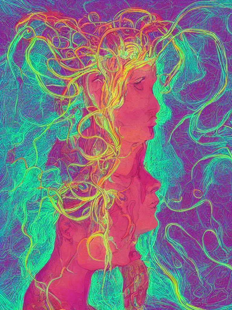 Prompt: a person with thought tendrils emanating from their head, digital art, chromatic