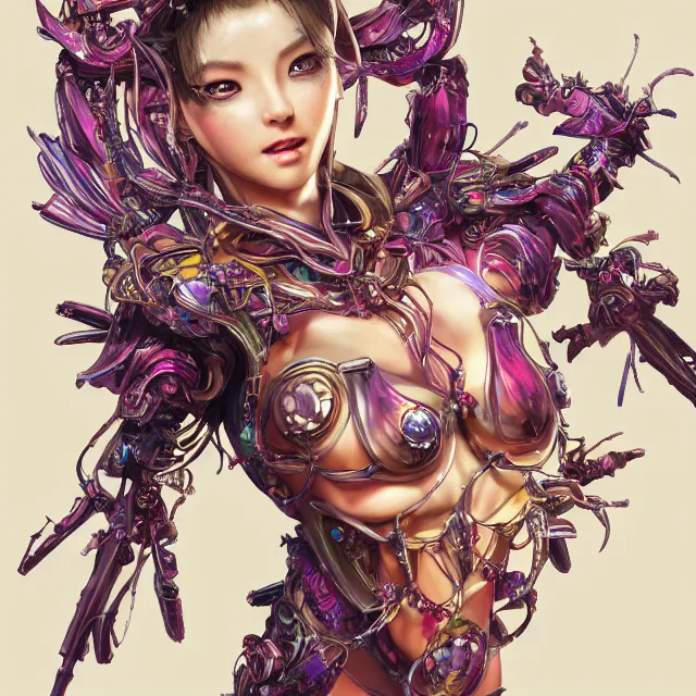 Image similar to studio portrait of lawful good colorful female divine mech spiderwoman as absurdly beautiful, elegant, young pretty gravure idol, ultrafine hyperrealistic detailed face illustration by kim jung gi, irakli nadar, intricate linework, sharp focus, matte, octopath traveler, final fantasy, unreal engine highly rendered, global illumination, radiant light, intricate