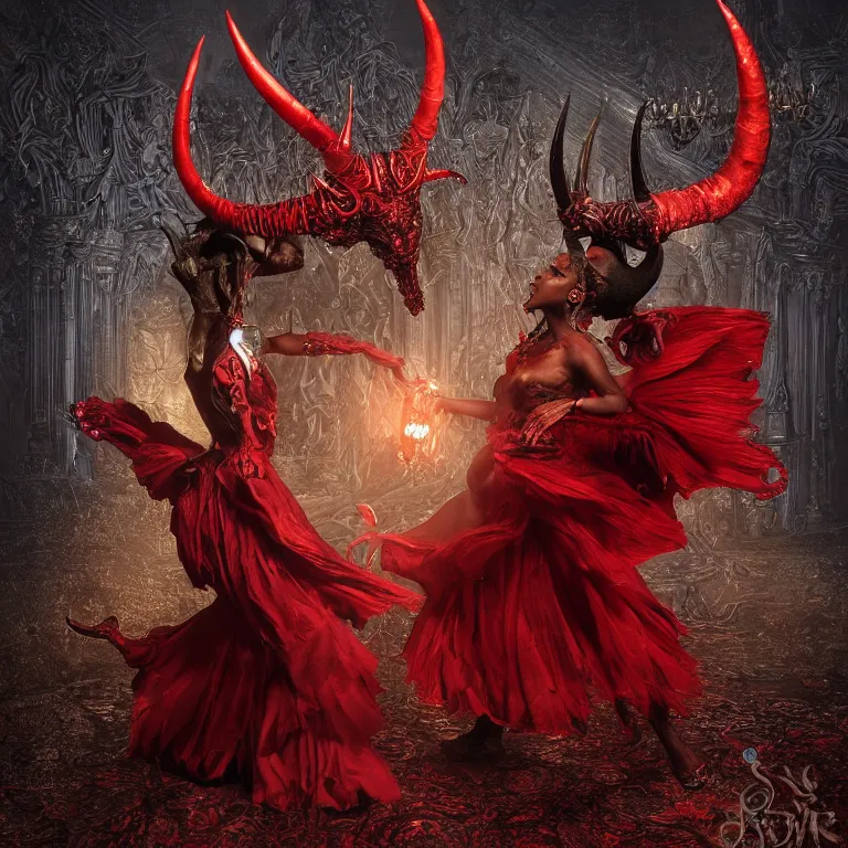 Image similar to black man and a woman-devil in red dress with horns are dancing together, in Dark souls and elden ring style, insanely detailed and intricate, golden ratio, hypermaximalist, elegant, ornate, luxury, elite, ominous, haunting, matte painting, cinematic, cgsociety, James jean, Brian froud, ross tran, Laputa