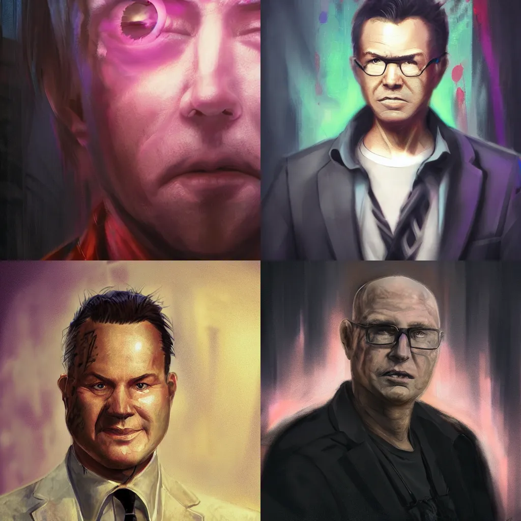 Prompt: headshot of sleaziest hollywood agent gary murdoch, looks like a weird criminal, bayard wu, greg rutkowski, giger, maxim verehin, vaporwave background