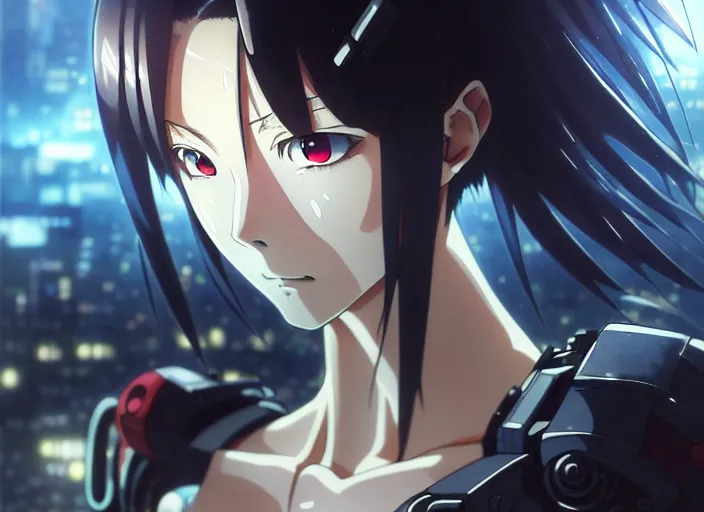 Image similar to a anime portrait of a cyborg woman!! finely detailed features, closeup at the face, sharp focus, perfect art, night - time city background, cinematic lighting, highly detailed, intricate, anime!! artstation, trending on pixiv fanbox, painted by greg rutkowski, studio ghibli, yoji shinkawa, hayao miyazaki,