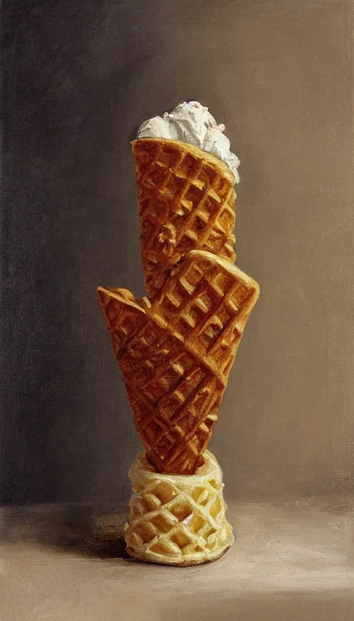 Prompt: still life painting of a hand holding a waffle cone containing 3 scoops of italian gelato by Peder Krøyer, golden hour, dramatic lighting, intricate detail, canvas print, 4k