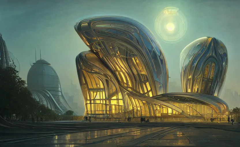 Image similar to exterior shot of utopian architecture transparent building with cinematic lighting by zaha hadid and renzo piano, darek zabrocki and greg ruthkowski, alphonse mucha, simon stalenhag, cinematic, stars, beautiful, holy place, paradise, scifi, futurism, atmospheric, concept art, artstation, trending on artstation